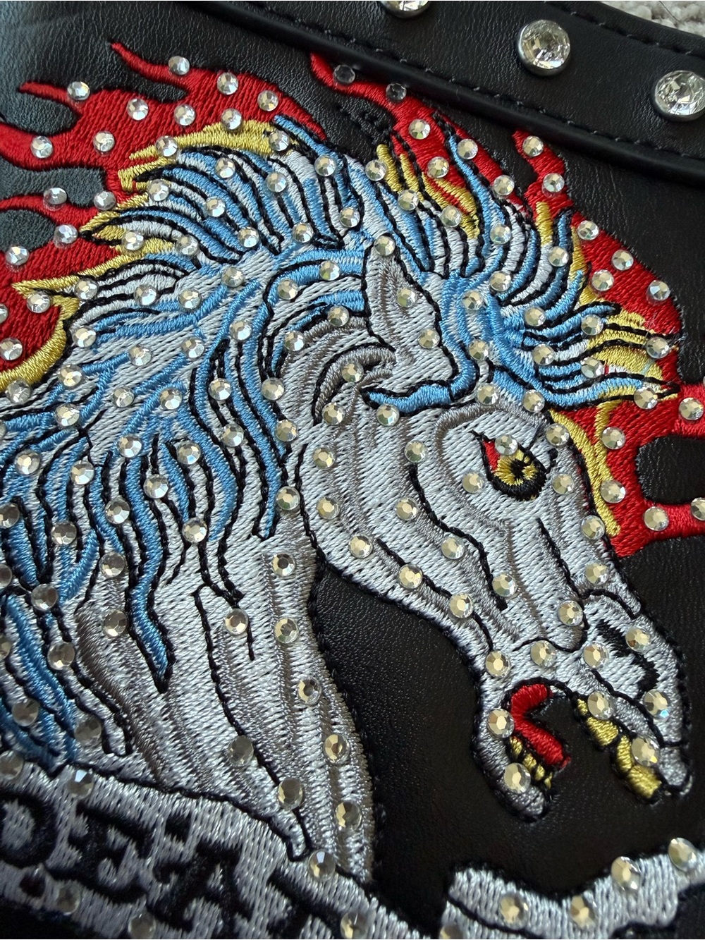 Ed Hardy Black Shoulder Bag with Red & Blue Mirrored Unicorns - Picture 2 of 5